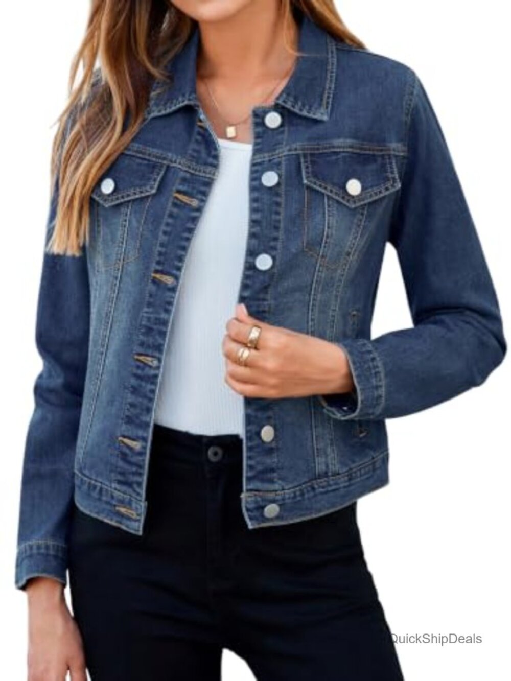 Womens Cotton Blend Denim Jacket Button Down Stretch Fitted Long Sleeve with